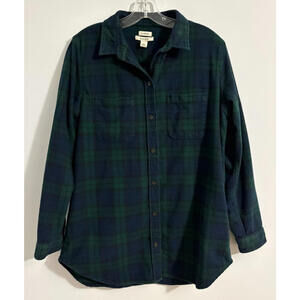 LL Bean Womens Med Scotch Plaid Flannel Shirt Blackwatch Relaxed Fit Blue Green